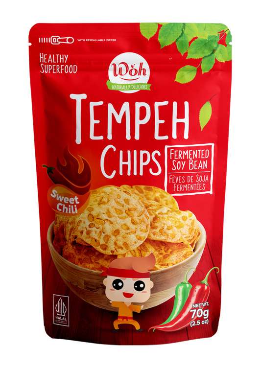 Woh Tempeh Chips packaging with red background and tempeh chips illustration.